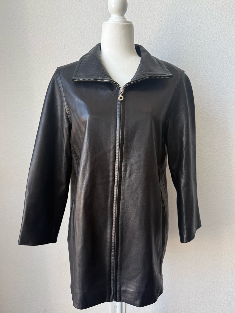 Ellen Tracy Black Genuine Leather Long Mid-Length Jacket Coat